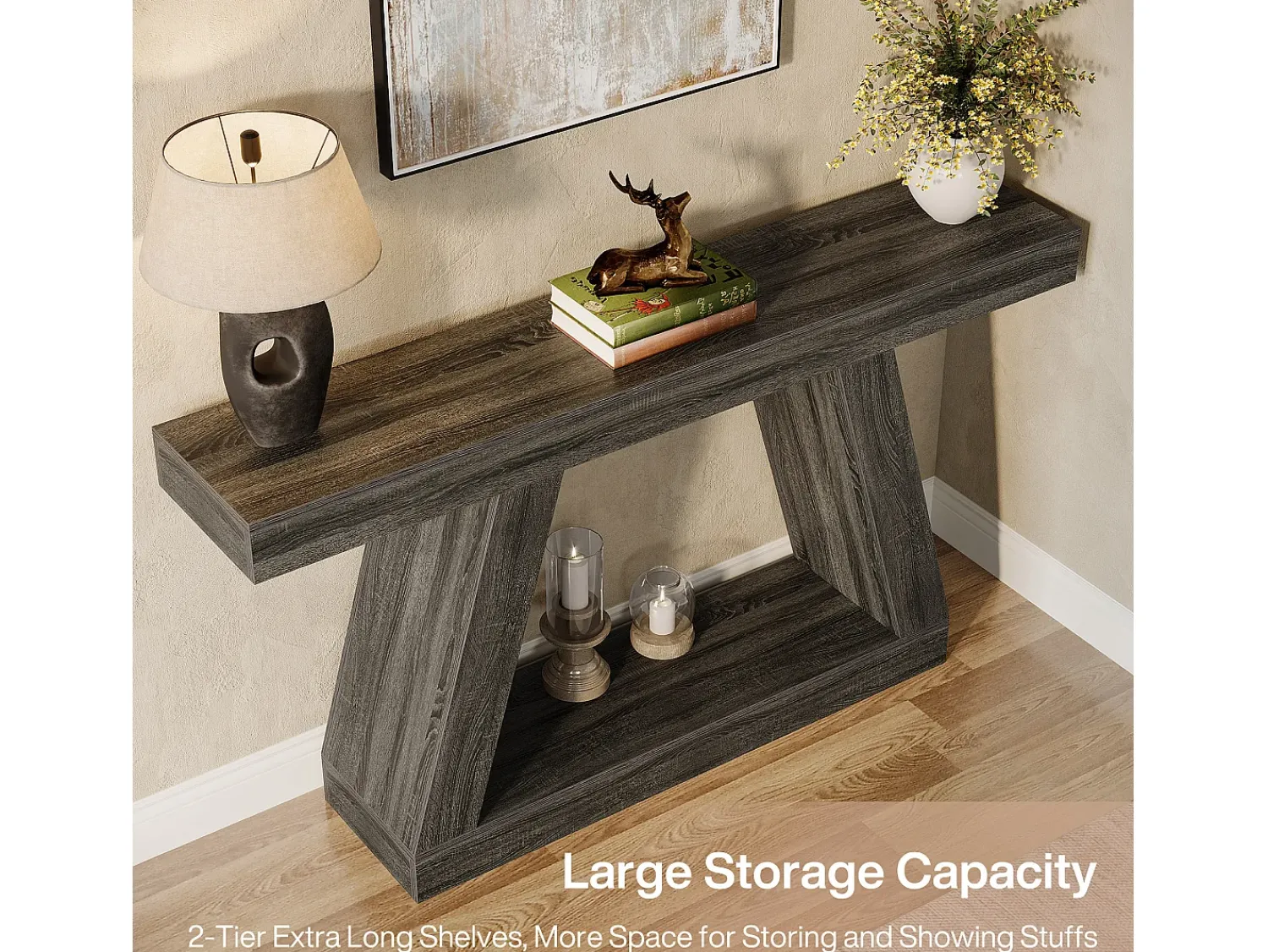 Consola|Tribesigns Mesa de Console, Mesa de Sofá Rústica de 140cm com Armazenamento, Mesa de Entrada para Corredor, Sala de Estar, Cinza Cinzento