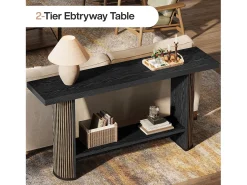 Clearance Tribesigns Mesa de Console Moderna 140cm, Mesa de Corredor Estreita Preta, Mesa de Sofá com 2 Prateleiras Preto