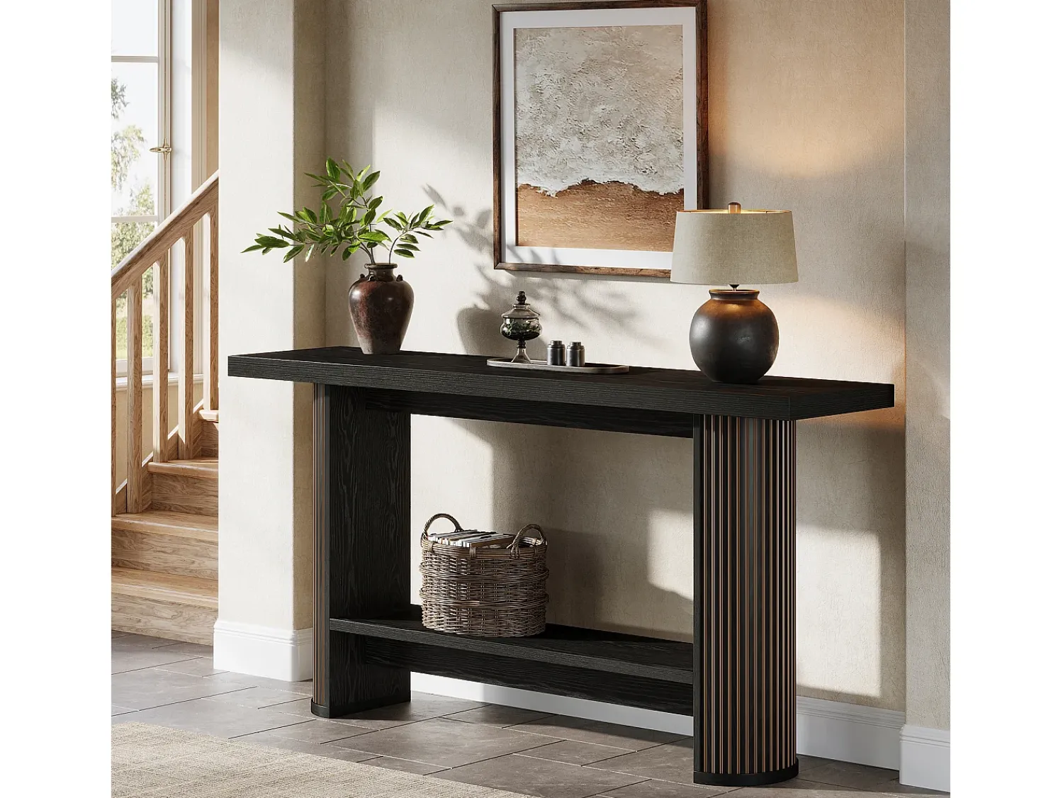 Clearance Tribesigns Mesa de Console Moderna 140cm, Mesa de Corredor Estreita Preta, Mesa de Sofá com 2 Prateleiras Preto
