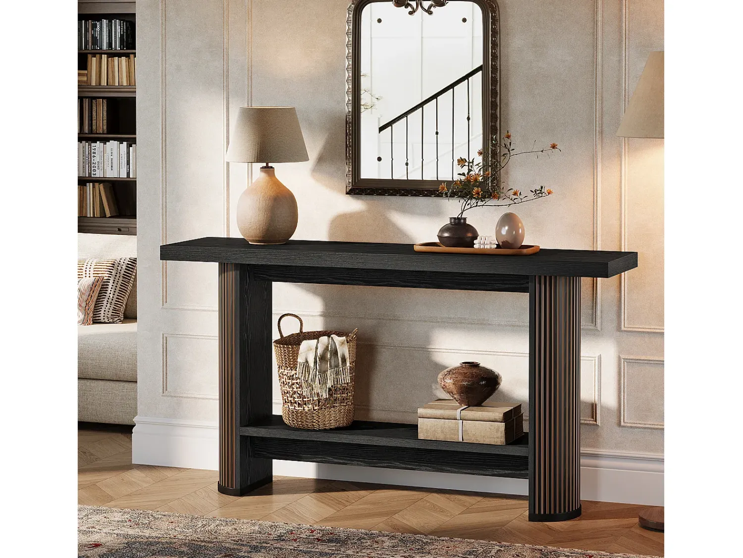 Clearance Tribesigns Mesa de Console Moderna 140cm, Mesa de Corredor Estreita Preta, Mesa de Sofá com 2 Prateleiras Preto