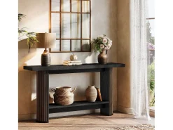 Clearance Tribesigns Mesa de Console Moderna 140cm, Mesa de Corredor Estreita Preta, Mesa de Sofá com 2 Prateleiras Preto