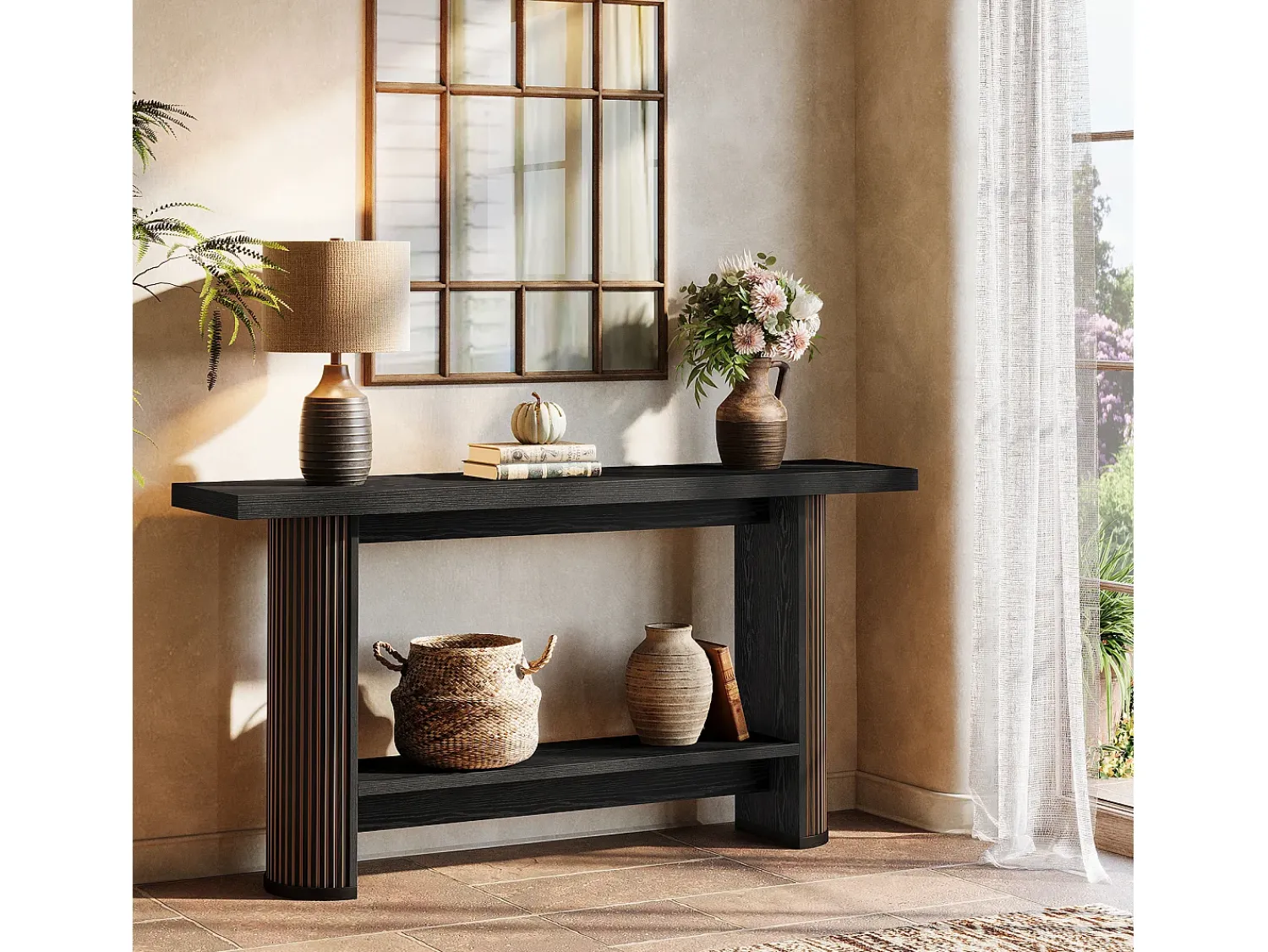 Clearance Tribesigns Mesa de Console Moderna 140cm, Mesa de Corredor Estreita Preta, Mesa de Sofá com 2 Prateleiras Preto