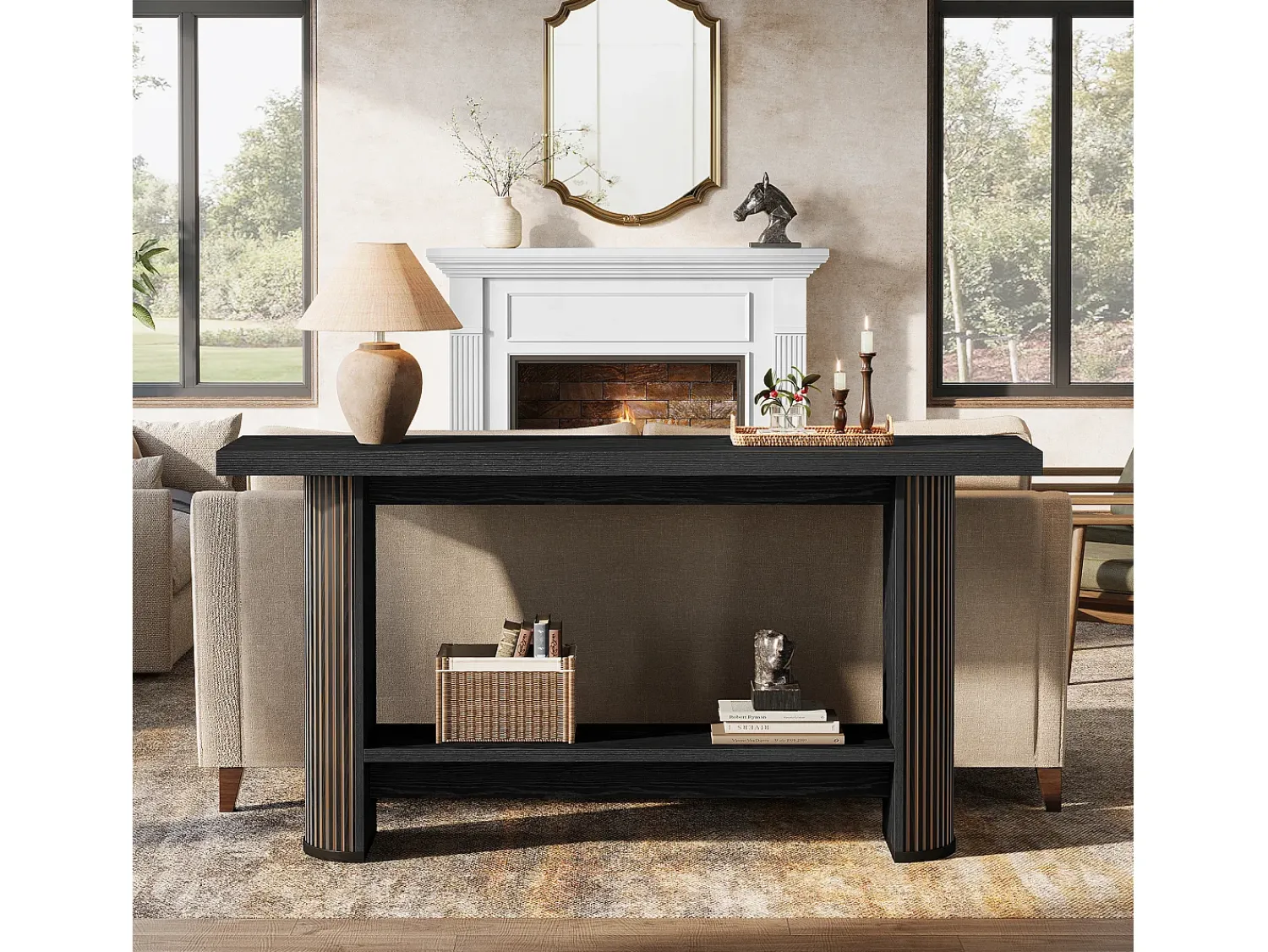 Clearance Tribesigns Mesa de Console Moderna 140cm, Mesa de Corredor Estreita Preta, Mesa de Sofá com 2 Prateleiras Preto