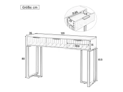 Consola*Merax Mesa de console moderna com 3 gavetas - 120 x 36 x 80 cm - MDF - para sala, corredor - + dourado Branco