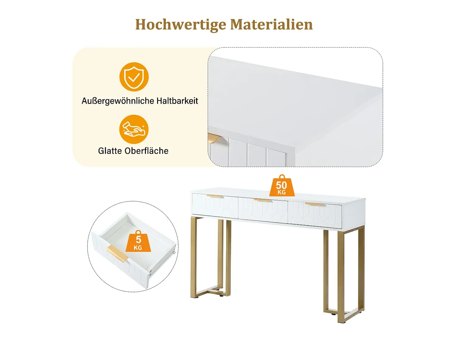 Consola*Merax Mesa de console moderna com 3 gavetas - 120 x 36 x 80 cm - MDF - para sala, corredor - + dourado Branco