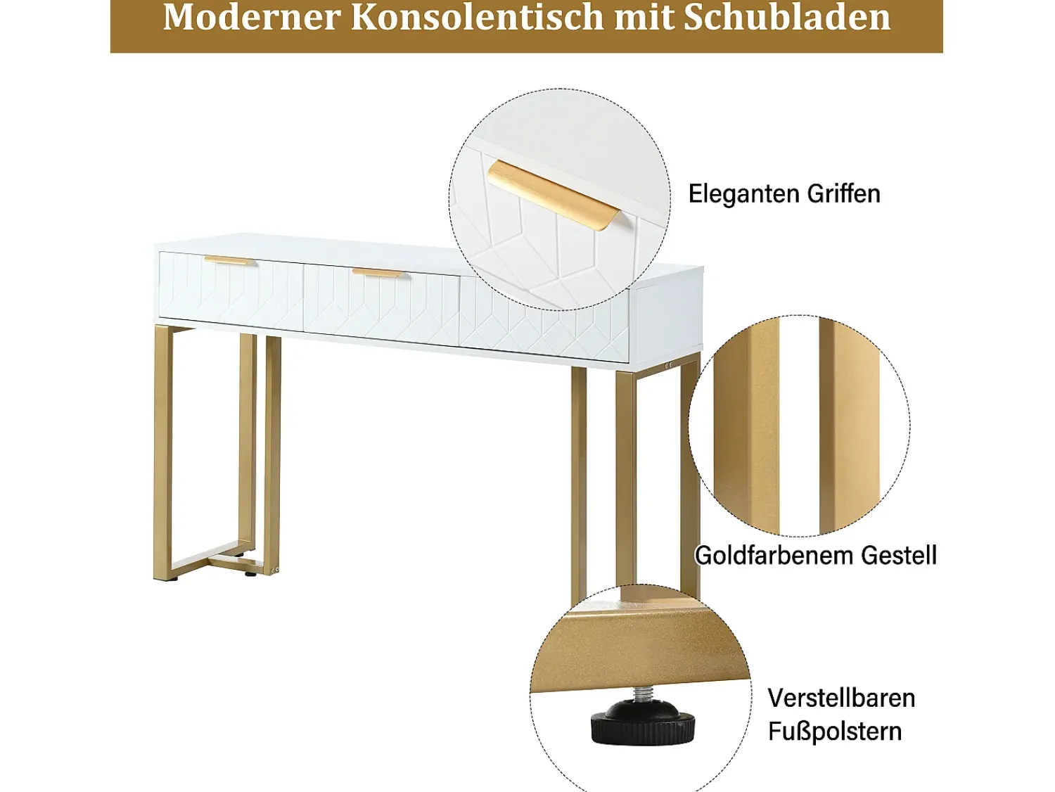 Consola*Merax Mesa de console moderna com 3 gavetas - 120 x 36 x 80 cm - MDF - para sala, corredor - + dourado Branco