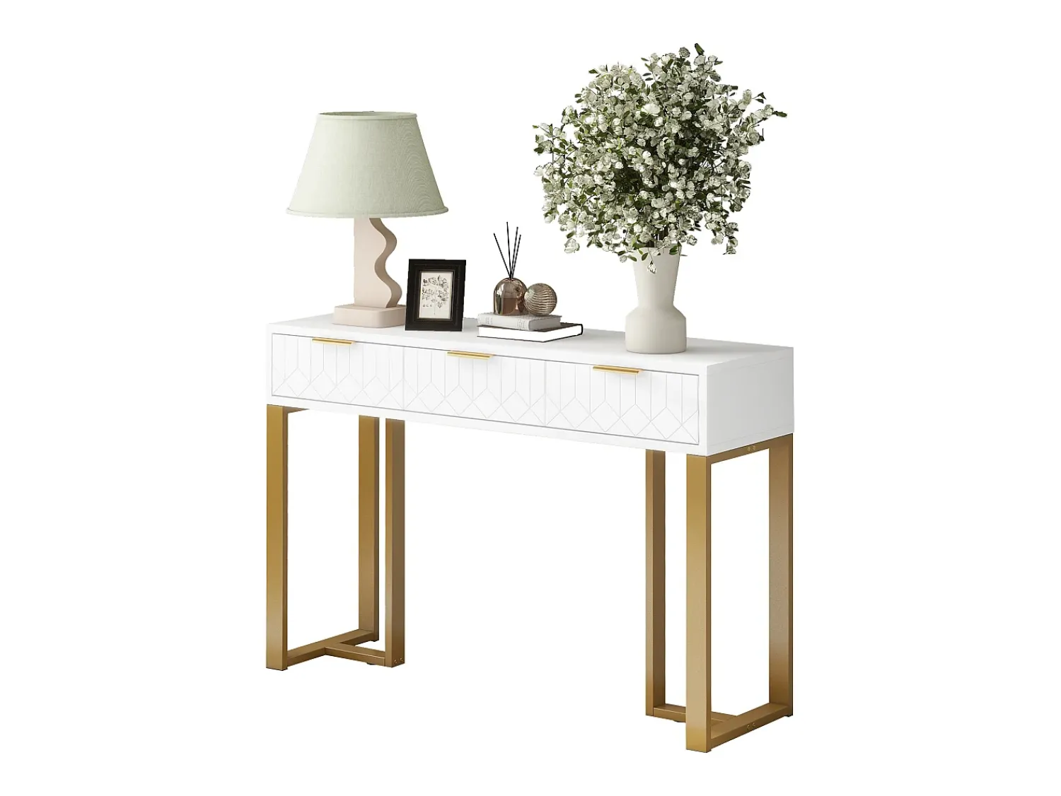 Consola*Merax Mesa de console moderna com 3 gavetas - 120 x 36 x 80 cm - MDF - para sala, corredor - + dourado Branco