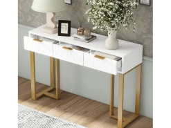Consola*Merax Mesa de console moderna com 3 gavetas - 120 x 36 x 80 cm - MDF - para sala, corredor - + dourado Branco