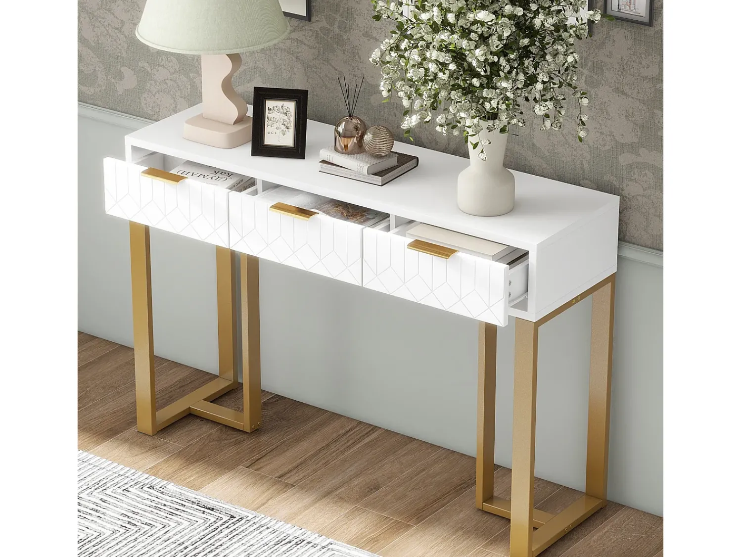 Consola*Merax Mesa de console moderna com 3 gavetas - 120 x 36 x 80 cm - MDF - para sala, corredor - + dourado Branco