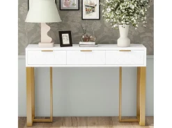 Consola*Merax Mesa de console moderna com 3 gavetas - 120 x 36 x 80 cm - MDF - para sala, corredor - + dourado Branco