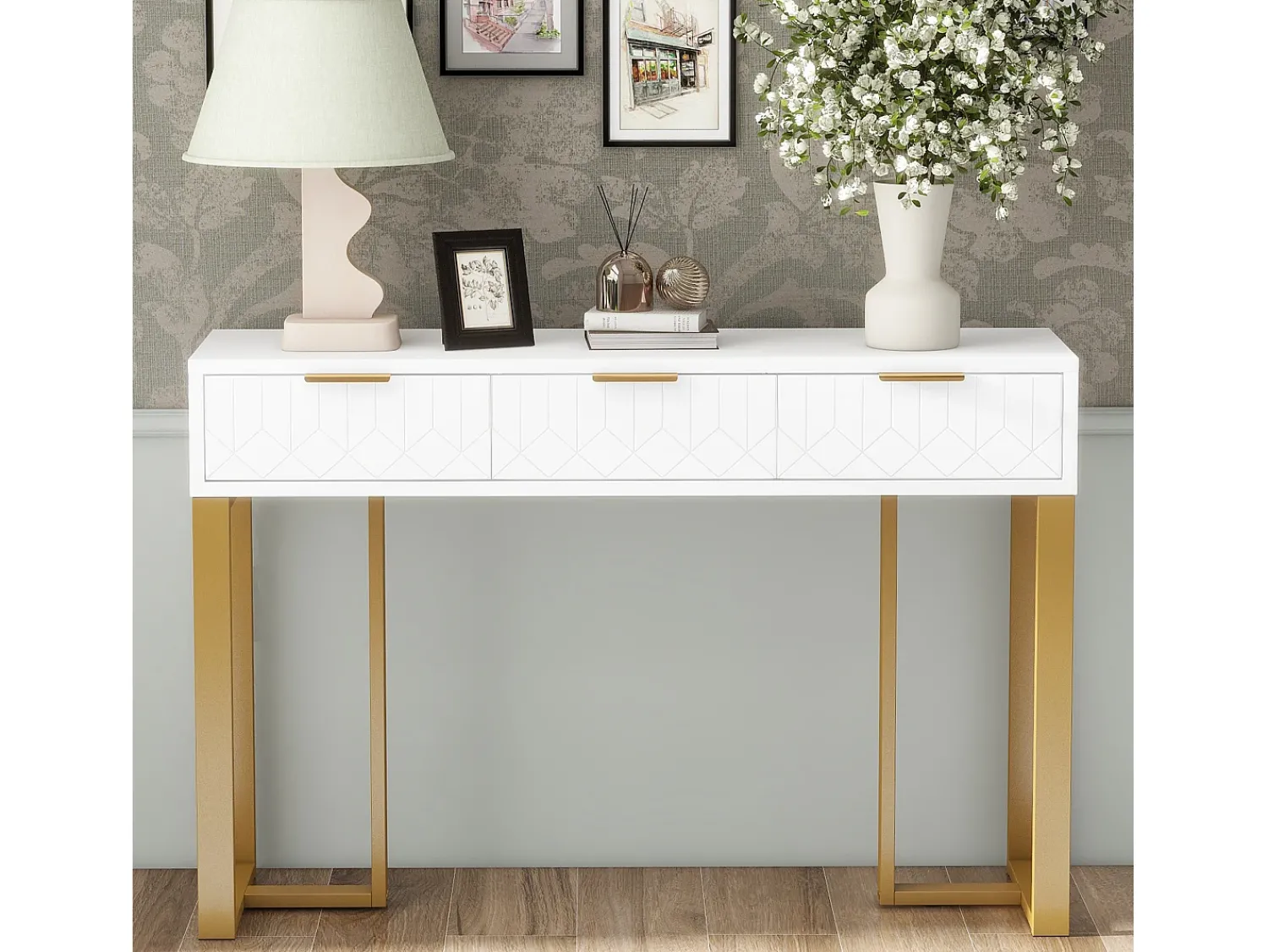 Consola*Merax Mesa de console moderna com 3 gavetas - 120 x 36 x 80 cm - MDF - para sala, corredor - + dourado Branco