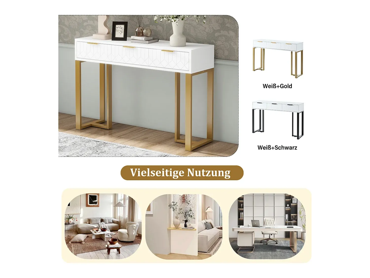 Consola*Merax Mesa de console moderna com 3 gavetas - 120 x 36 x 80 cm - MDF - para sala, corredor - + dourado Branco