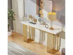 Best Tribesigns Mesa de Console Moderna com Topo de Revestimento de Mármore Falso e Base de Metal Dourado, MDF Branco