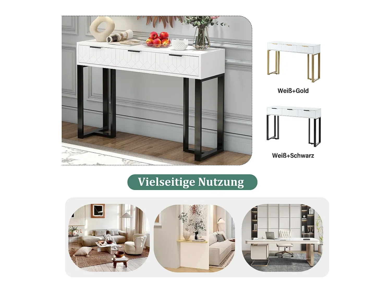 Clearance Merax Mesa de console moderna com 3 gavetas - 120 x 36 x 80 cm - MDF - para sala, corredor - + preto Branco