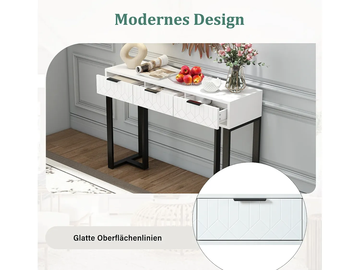 Clearance Merax Mesa de console moderna com 3 gavetas - 120 x 36 x 80 cm - MDF - para sala, corredor - + preto Branco
