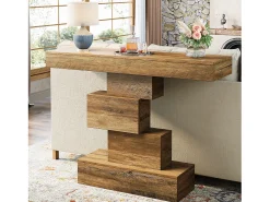 Consola|Tribesigns Mesa de console para sala de 108 cm, mesa estreita de madeira para trás do sofá com base geométrica Castanho