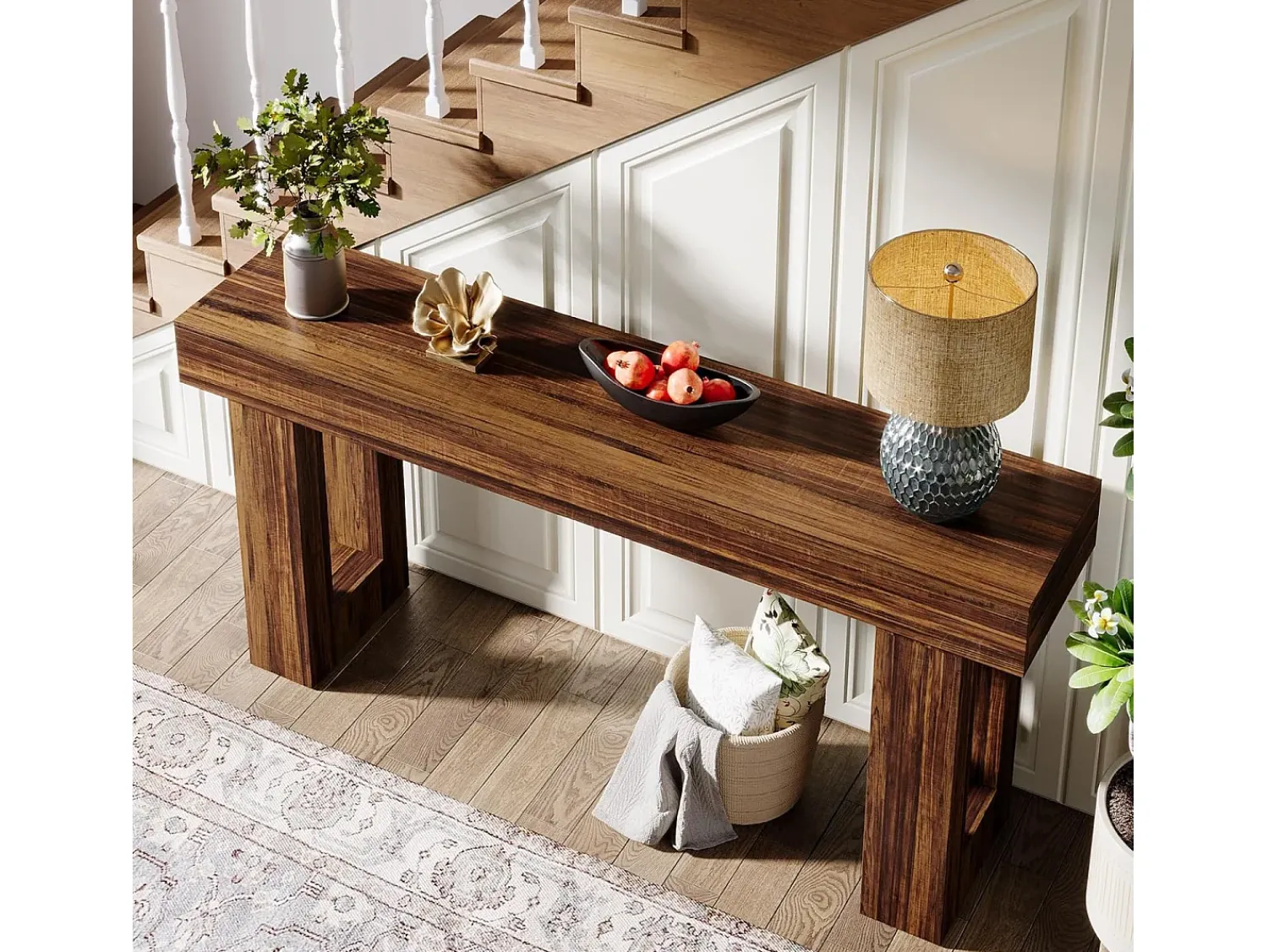 Hot Tribesigns Mesa de console retangular com 160 cm de comprimento, mesa baixa atrás do sofá, mesa de granja para entrada, corredor, sala ( rústico) Castanho