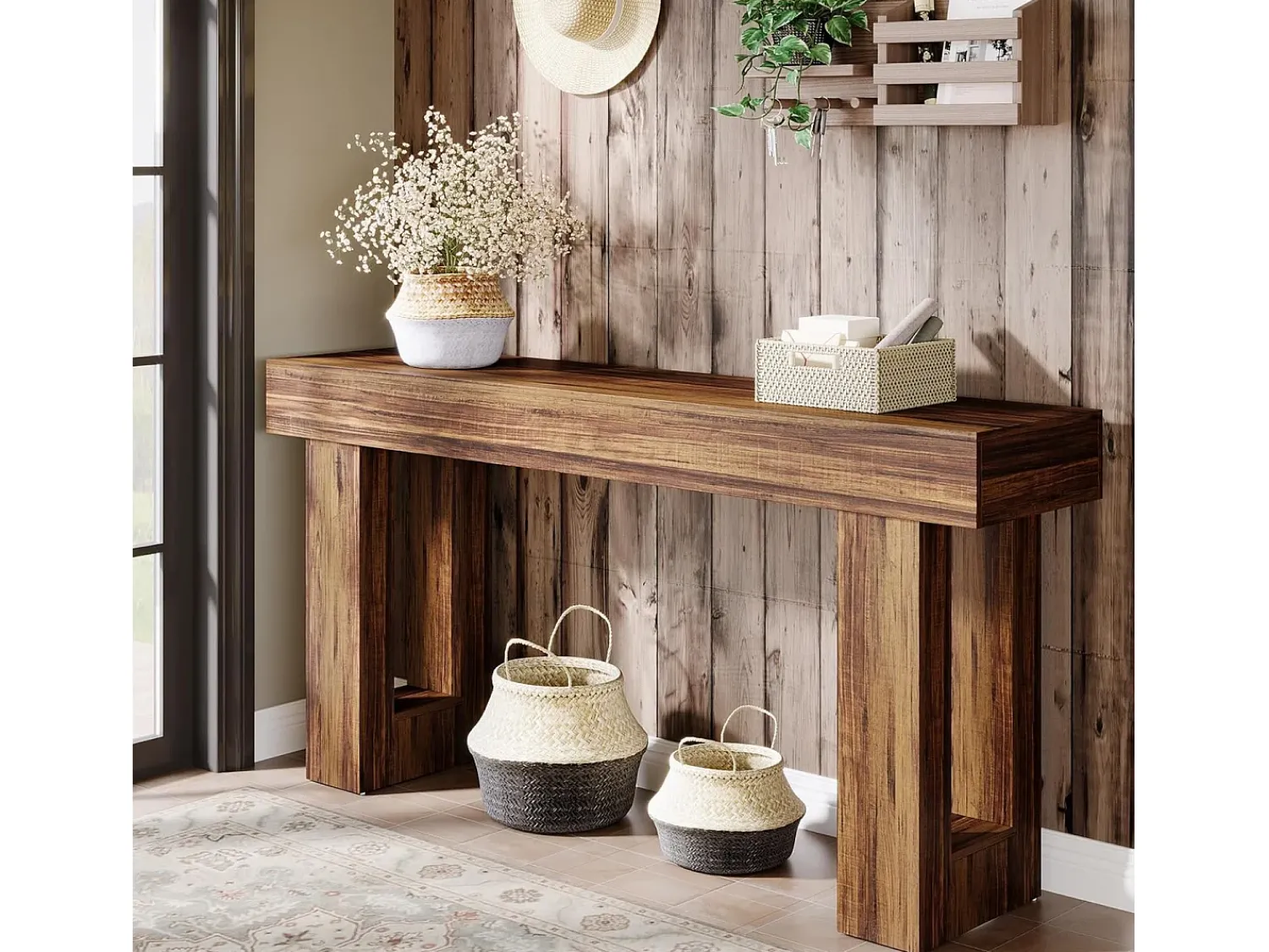 Hot Tribesigns Mesa de console retangular com 160 cm de comprimento, mesa baixa atrás do sofá, mesa de granja para entrada, corredor, sala ( rústico) Castanho