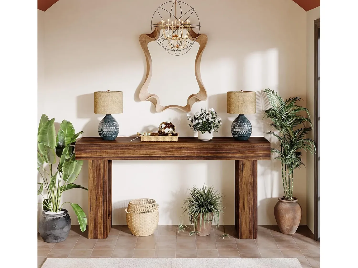 Hot Tribesigns Mesa de console retangular com 160 cm de comprimento, mesa baixa atrás do sofá, mesa de granja para entrada, corredor, sala ( rústico) Castanho