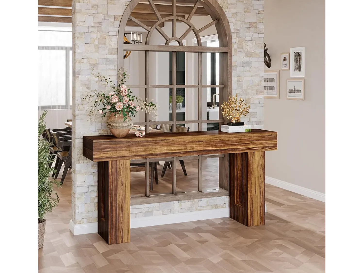 Hot Tribesigns Mesa de console retangular com 160 cm de comprimento, mesa baixa atrás do sofá, mesa de granja para entrada, corredor, sala ( rústico) Castanho