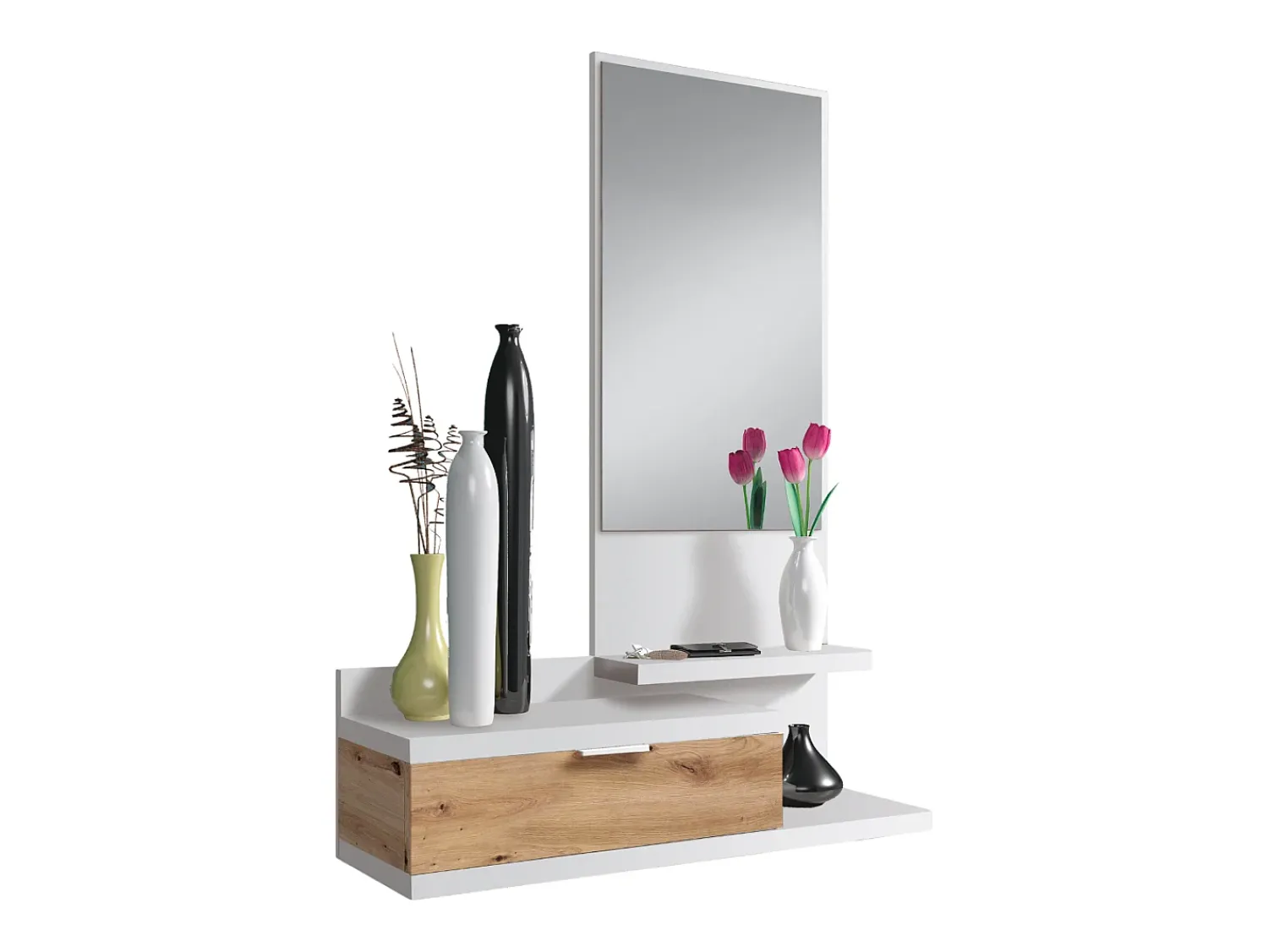 New duehome Mesa de corredor Dalhia com espelho e gaveta em Artik/carvalho Nodi 116x81x29 cm Branco