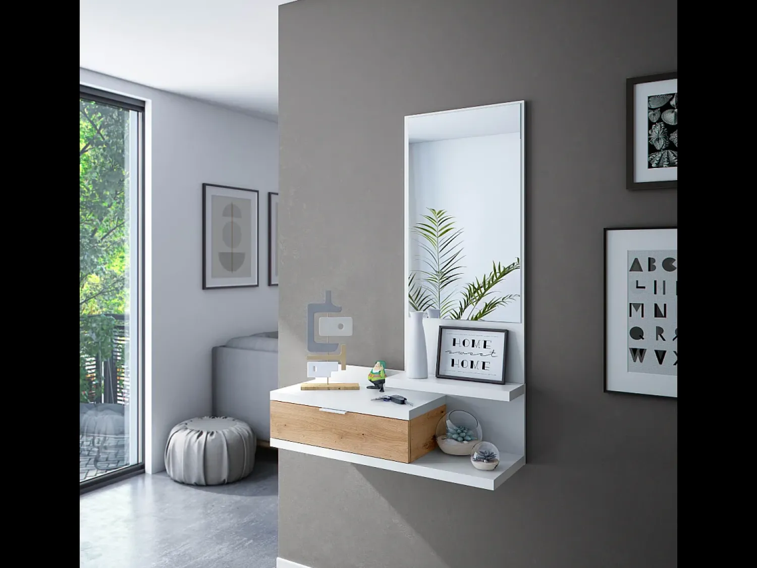 New duehome Mesa de corredor Dalhia com espelho e gaveta em Artik/carvalho Nodi 116x81x29 cm Branco