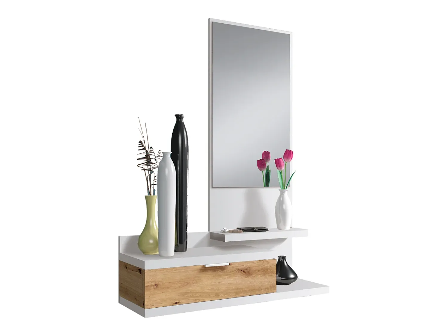 New duehome Mesa de corredor Dalhia com espelho e gaveta em Artik/carvalho Nodi 116x81x29 cm Branco