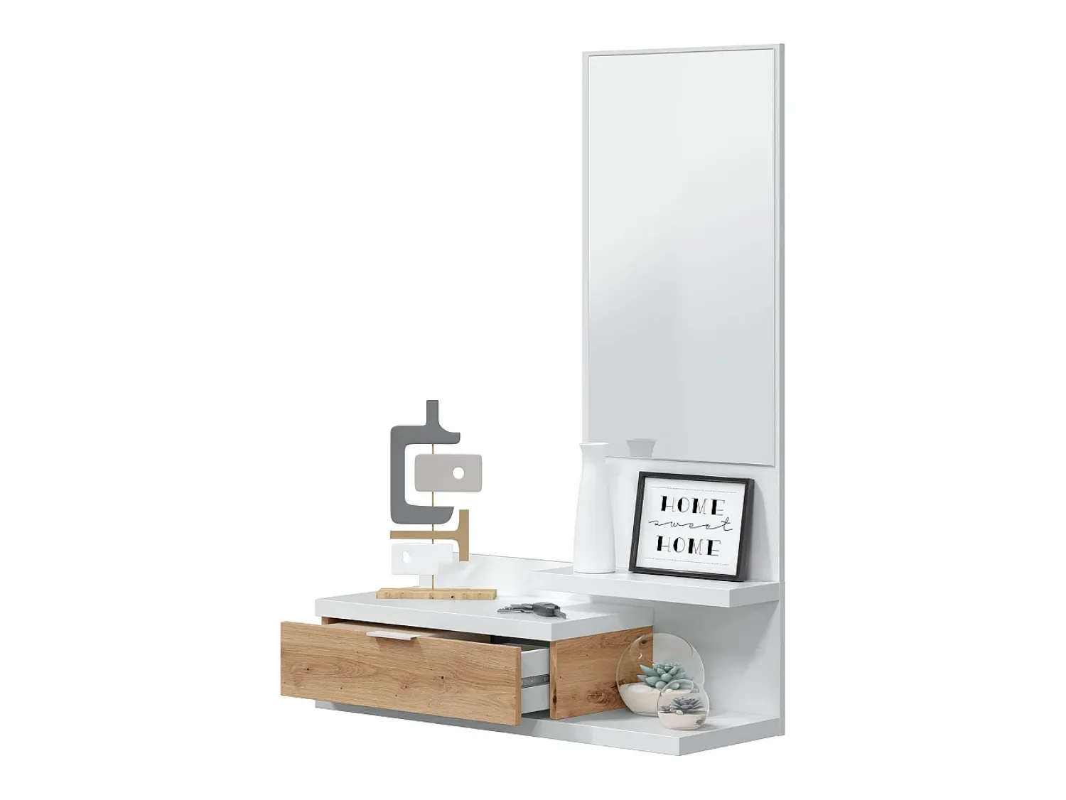 New duehome Mesa de corredor Dalhia com espelho e gaveta em Artik/carvalho Nodi 116x81x29 cm Branco