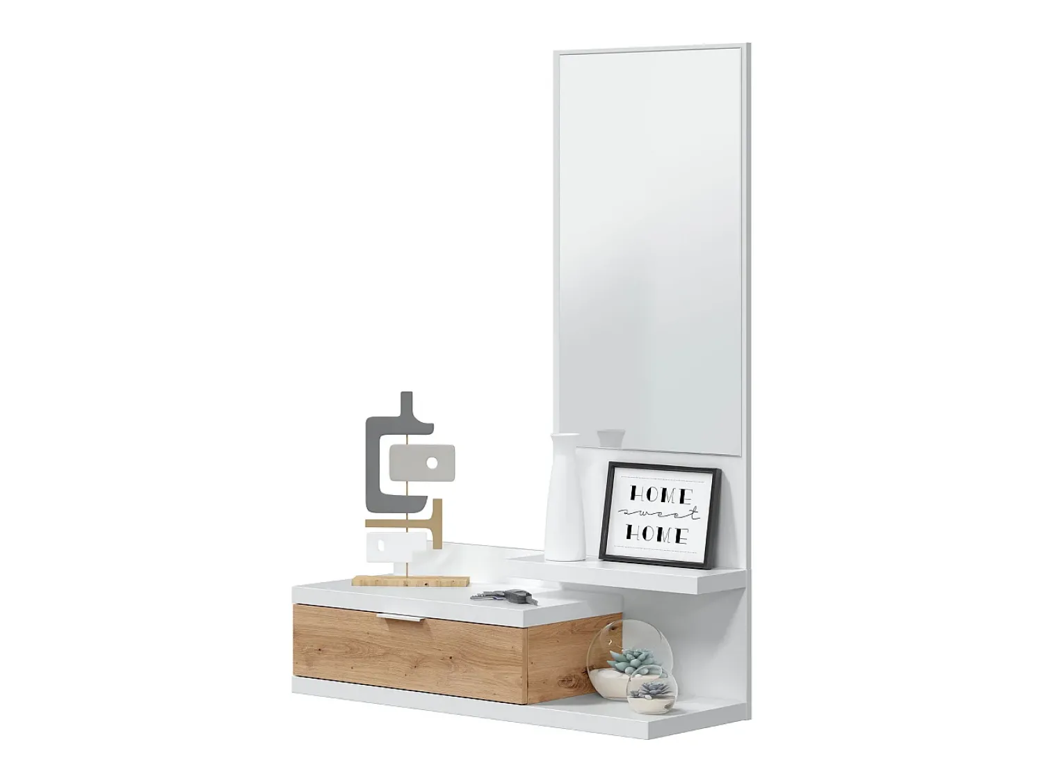 New duehome Mesa de corredor Dalhia com espelho e gaveta em Artik/carvalho Nodi 116x81x29 cm Branco