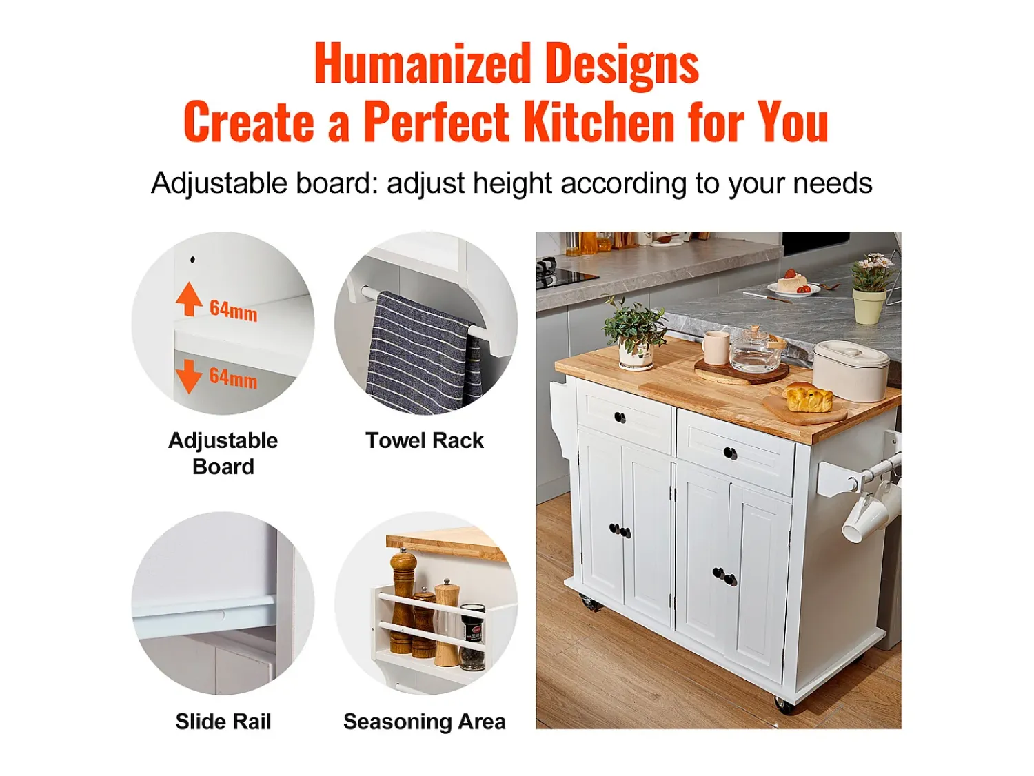 Outlet Mesa de Cozinha com Rodas SucceBuy, 90cm, Armário Rodante de Estocagem com Gaveta e Suporte, Branco