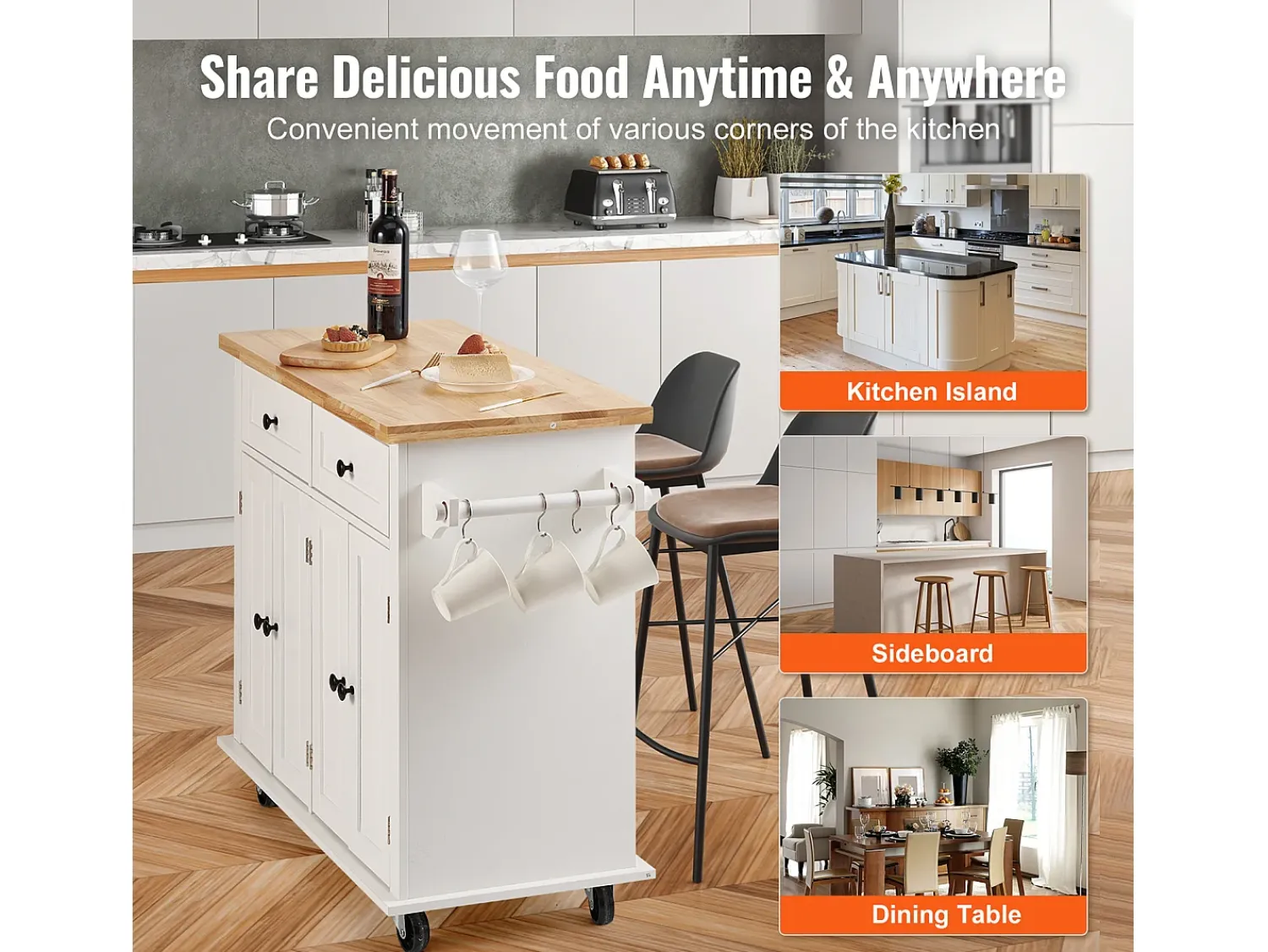Outlet Mesa de Cozinha com Rodas SucceBuy, 90cm, Armário Rodante de Estocagem com Gaveta e Suporte, Branco