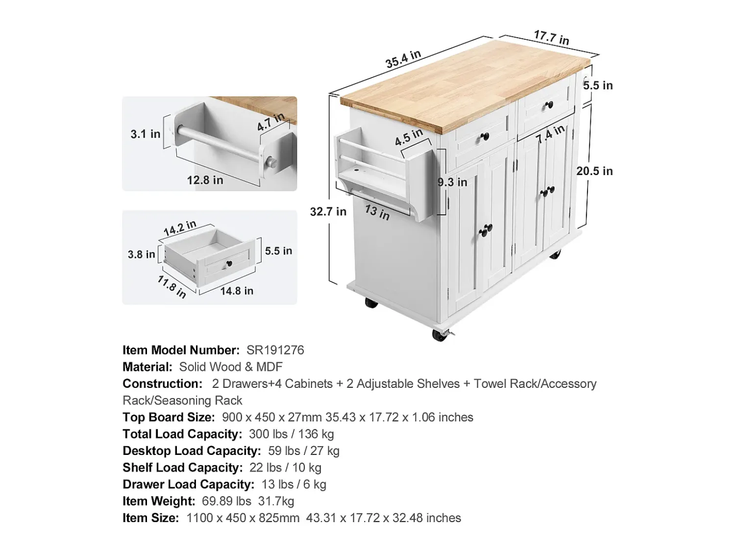 Outlet Mesa de Cozinha com Rodas SucceBuy, 90cm, Armário Rodante de Estocagem com Gaveta e Suporte, Branco
