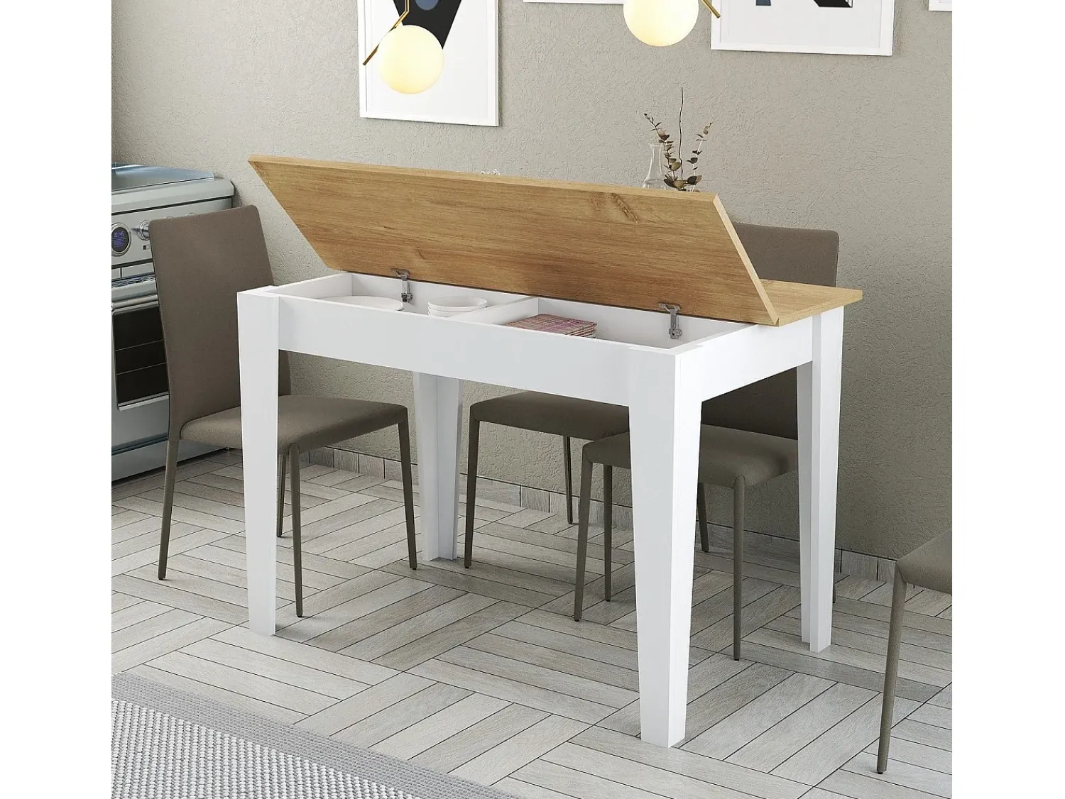 Mesa De Centro|Menzzo Mesa de Cozinha Moderna Kiev 512 - Branco e Carvalho Elegante Castanho