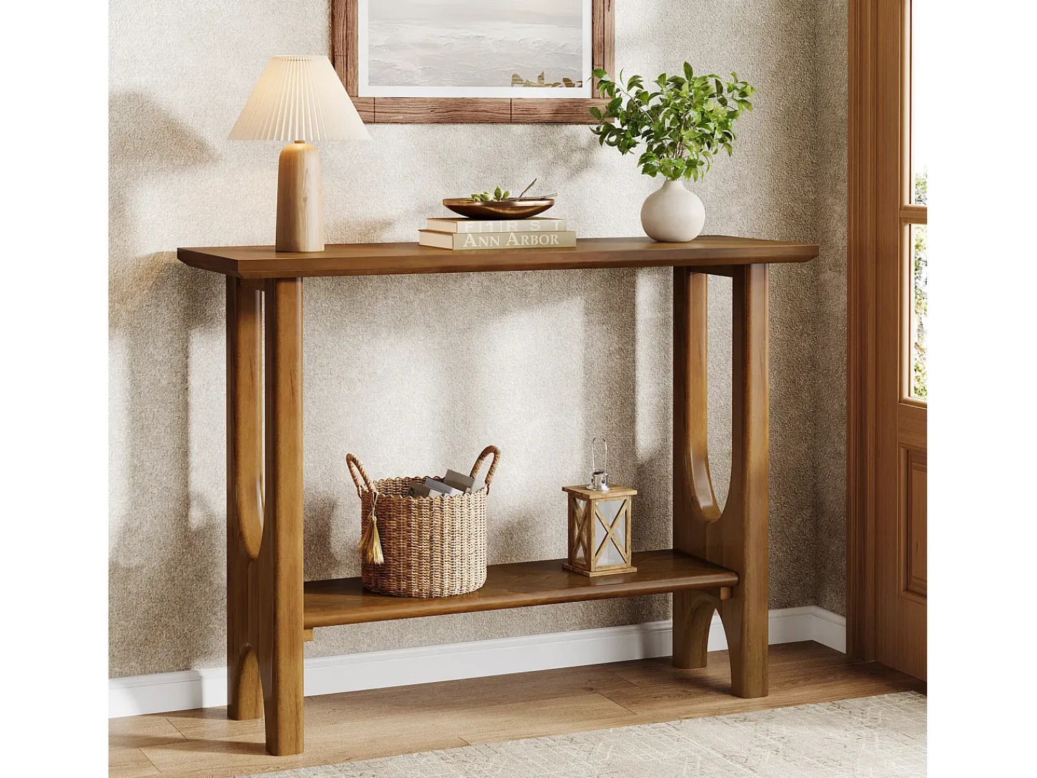 Tribesigns Mesa de entrada de 105 cm com espaço de armazenamento, mesa de corredor moderna de dois andares com pernas de madeira maciça para sala de estar, corredor^ Consola
