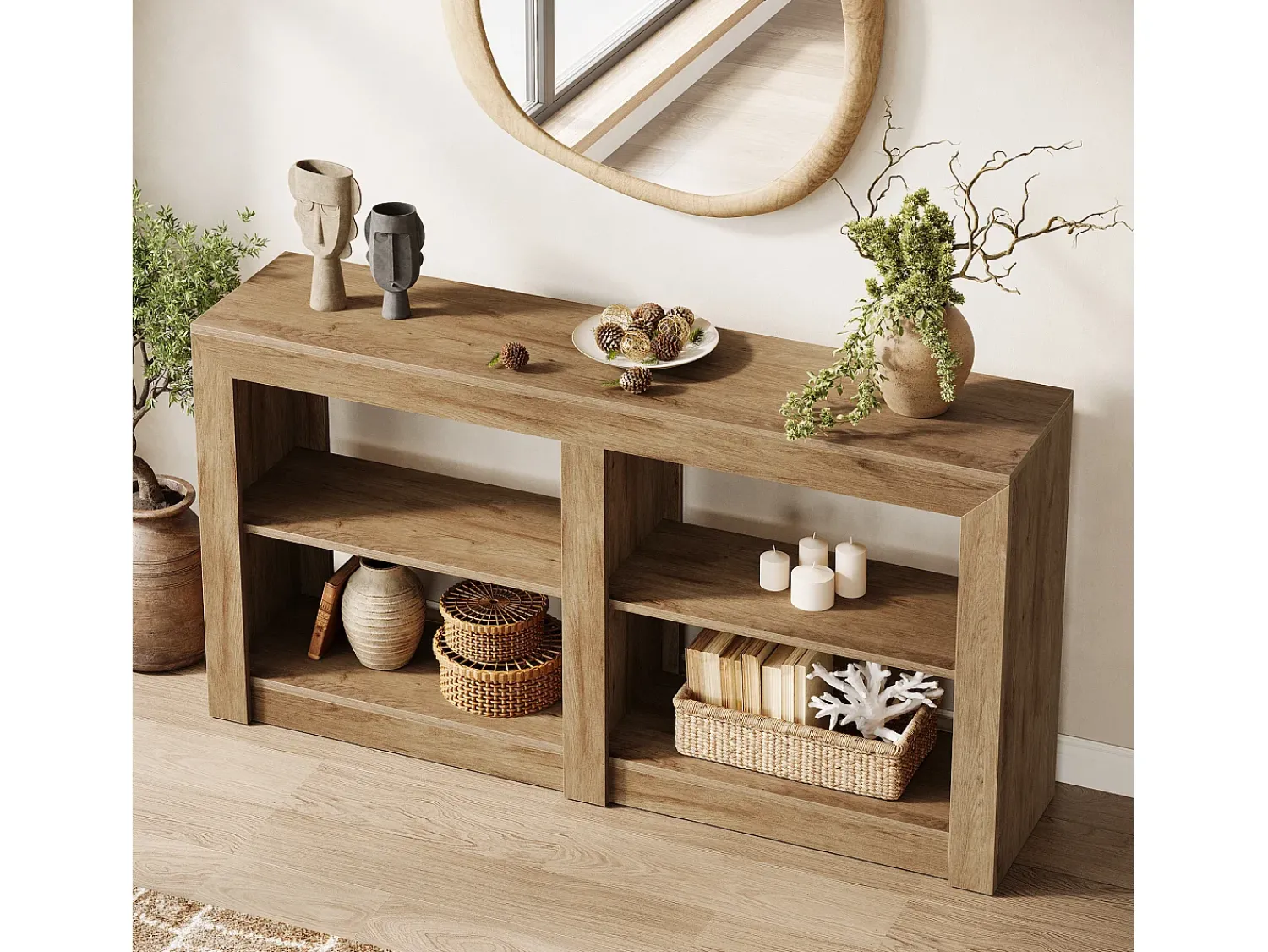 Discount Tribesigns Mesa de Entrada de 150cm com Prateleira de 2 Níveis, Design de Silhueta Retangular, Mesa de Console de Sofá Castanho