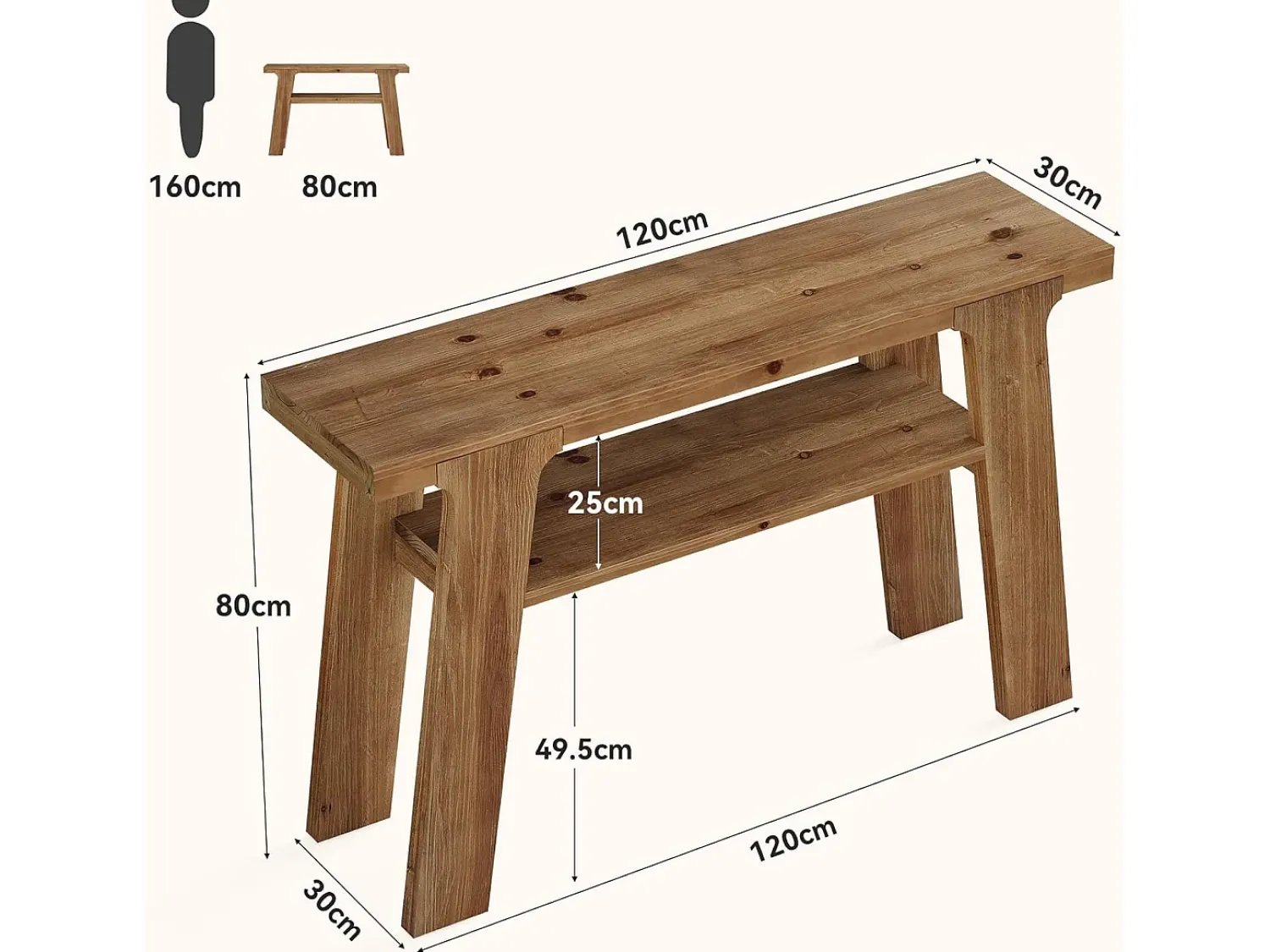 Online Tribesigns Mesa de entrada de consola de madeira maciça, mesa de sofá pequena rural de 120 cm com armazenamento de 2 níveis Castanho