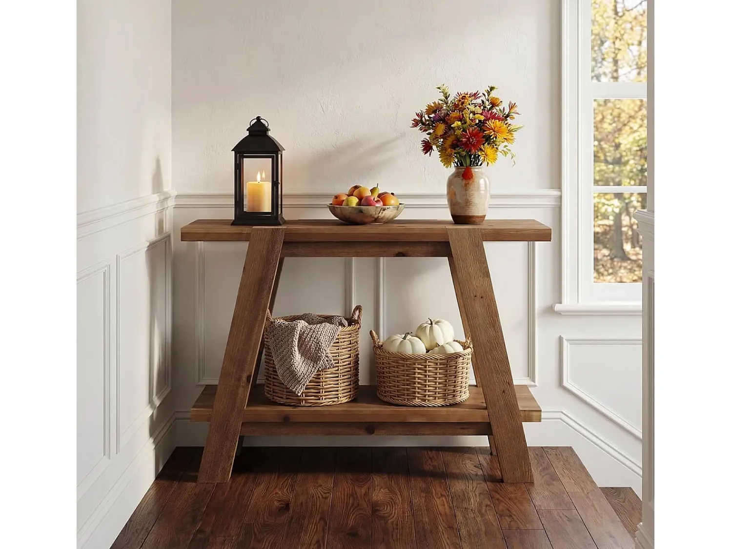 Consola*Tribesigns Mesa de entrada de madeira maciça de 110 cm, Mesa de console rústica de 2 níveis com armazenamento Castanho
