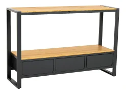 Consola* Mesa de entrada em metal e madeira com 3 gavetas, marrom Castanho