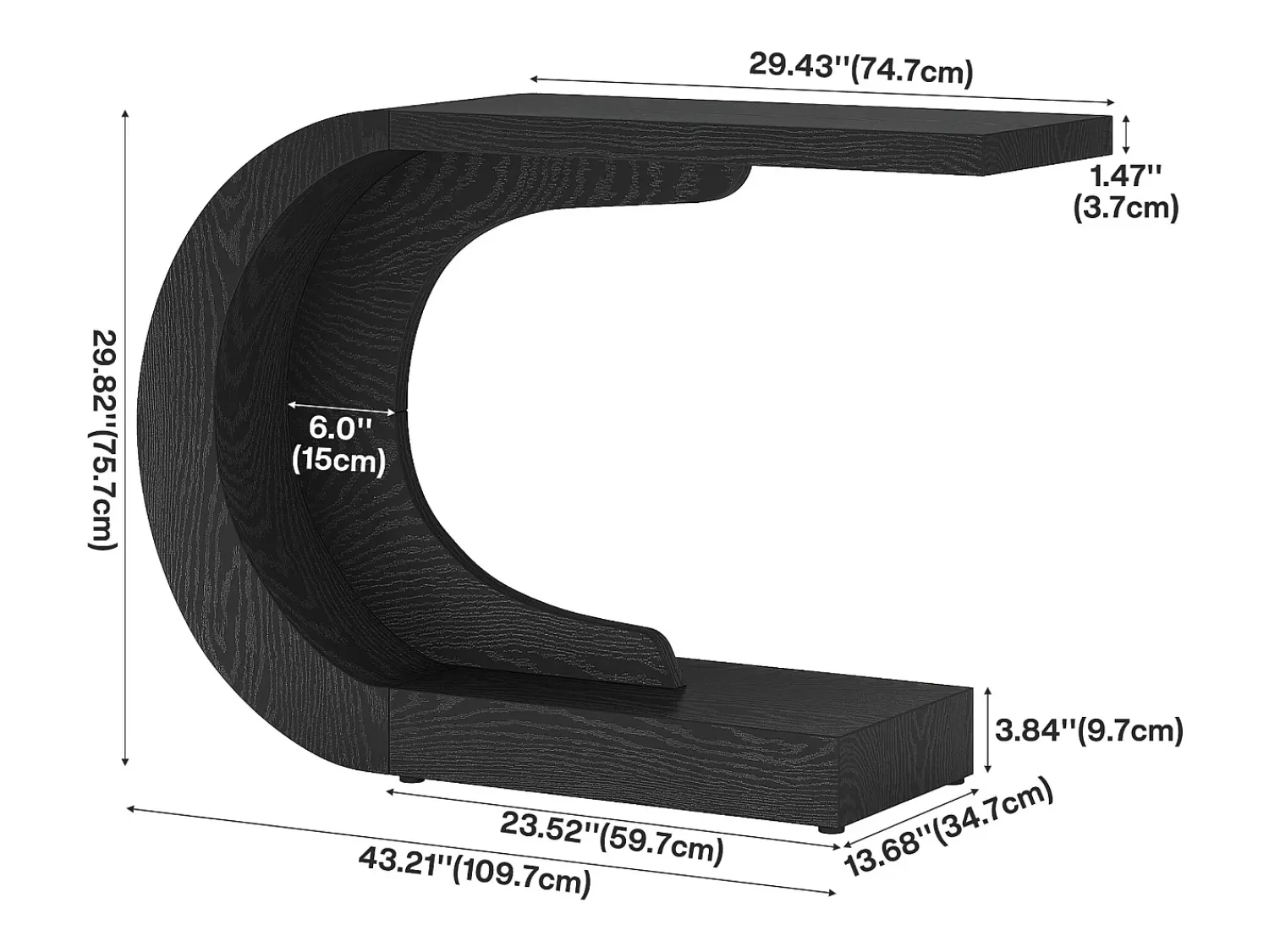 Consola*Tribesigns Mesa de entrada para console de 110 cm com armazenamento, mesa para trás do sofá em formato de C único em Preto