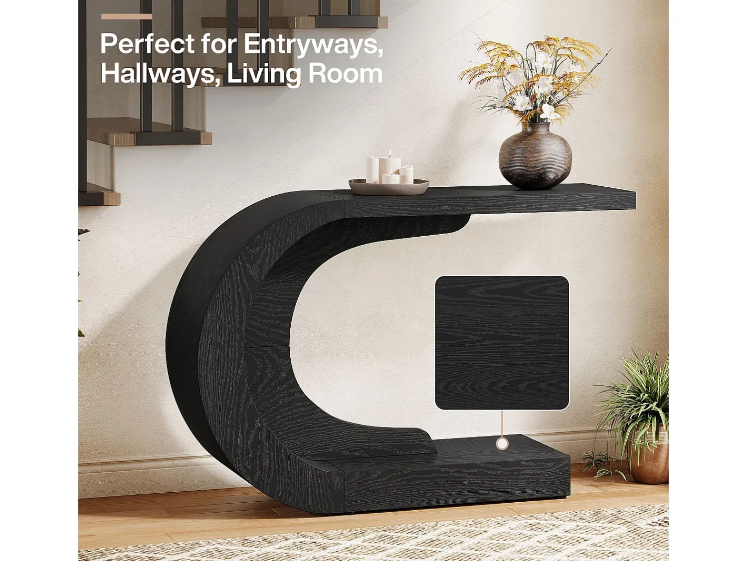 Consola*Tribesigns Mesa de entrada para console de 110 cm com armazenamento, mesa para trás do sofá em formato de C único em Preto