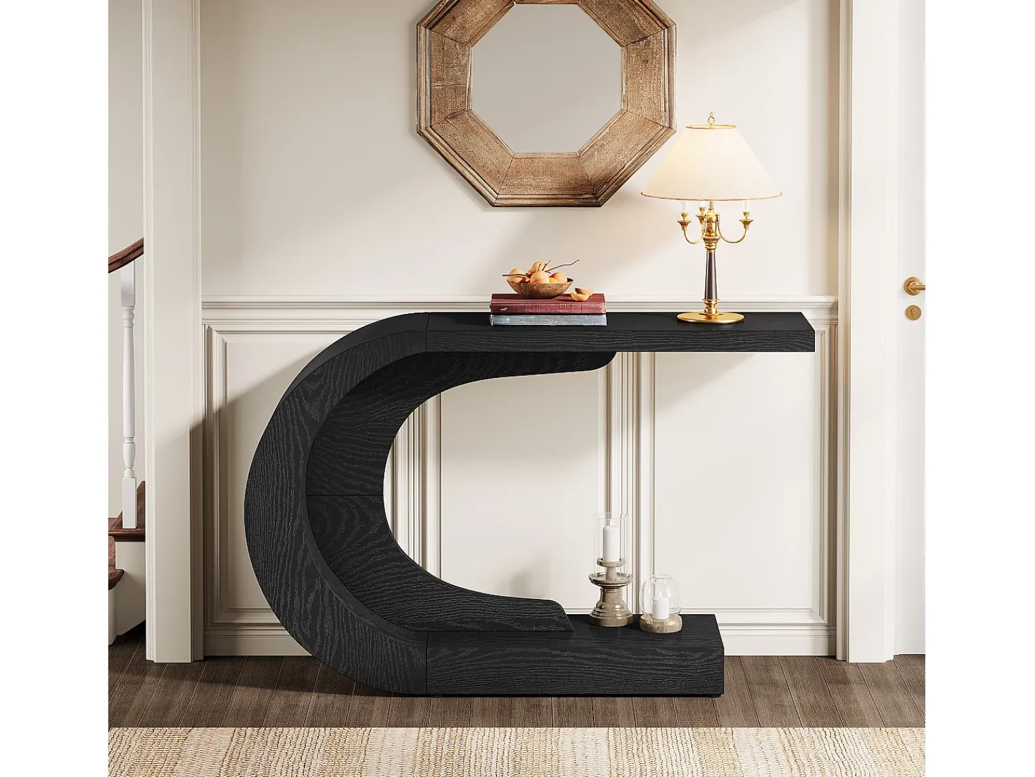 Consola*Tribesigns Mesa de entrada para console de 110 cm com armazenamento, mesa para trás do sofá em formato de C único em Preto