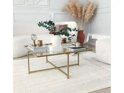 Dmora Mesa de estar Dhjulman, Mesa baixa para café, Suporte para sofá, Prateleira para sala de estar, 85x85h35 cm, Ouro^ Mesa De Centro