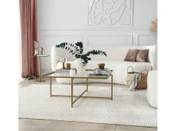 Dmora Mesa de estar Dhjulman, Mesa baixa para café, Suporte para sofá, Prateleira para sala de estar, 85x85h35 cm, Ouro^ Mesa De Centro