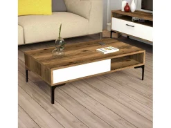 New Dmora Mesa de estar Djagiell, Mesa de café, Suporte de revistas para sofá, Prateleira para sala de estar, 105x60h33 cm, Noz e Branco Castanho