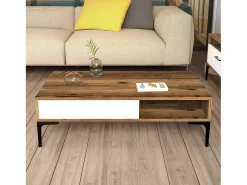 New Dmora Mesa de estar Djagiell, Mesa de café, Suporte de revistas para sofá, Prateleira para sala de estar, 105x60h33 cm, Noz e Branco Castanho