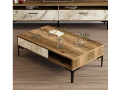 Mesa De Centro*Dmora Mesa de estar Djagiell, Mesa de café, Suporte de revistas para sofá, Prateleira para sala de estar, 105x60h33 cm, Noz e Branco Castanho