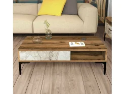 Mesa De Centro*Dmora Mesa de estar Djagiell, Mesa de café, Suporte de revistas para sofá, Prateleira para sala de estar, 105x60h33 cm, Noz e Branco Castanho