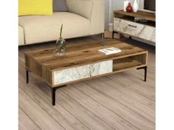 Mesa De Centro*Dmora Mesa de estar Djagiell, Mesa de café, Suporte de revistas para sofá, Prateleira para sala de estar, 105x60h33 cm, Noz e Branco Castanho