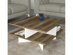 Mesa De Centro*Dmora Mesa de estar Dpalmier, Mesa baixa para café, Porta-revistas para sofá, Prateleira para sala de estar, 60x60h31 cm, Noz e Branco Castanho