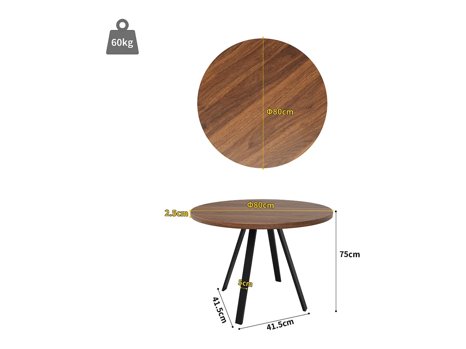 Mesa De Centro* Mesa de jantar redonda 80 × 80 × 75 cm, mesa de cozinha, mesa de centro para 4 pessoas, madeira Natural escuro